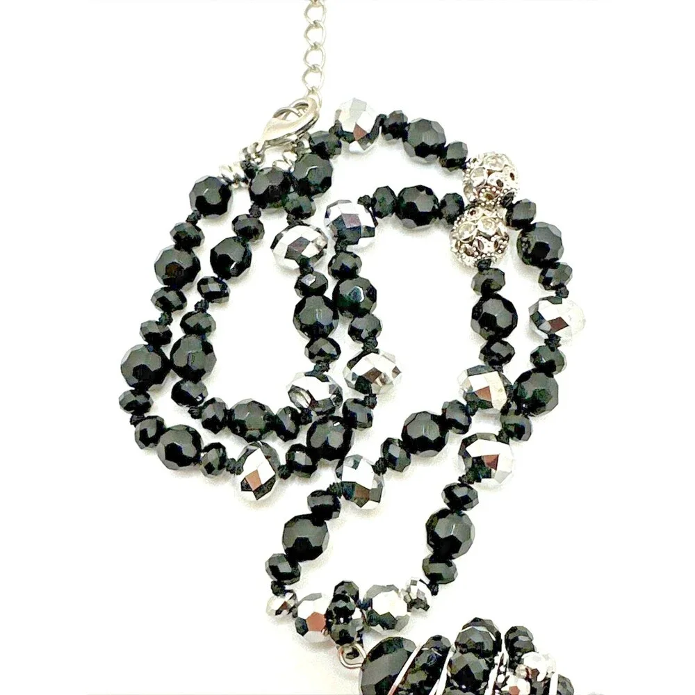 Crystal Bead Cluster Pendant Necklace Black Silver Tone Statement Jewelry 20-22